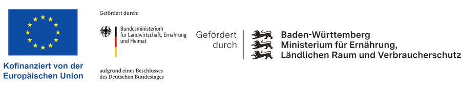 Förderlogos: Europäische Union, Bundesministerium für Landwirtschaft, Ernährung und Heimat, Baden-Württemberg Ministerium für Ernährung, Ländlichen Raum und Verbraucherschutz